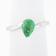 Vintage 14K White Gold 0.71 ctw FINE Pear Colombian Emerald Solitaire Bypass Rin