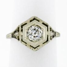 Antique Art Deco 14k White Gold Filigree 0.54 ctw European Diamond Solitaire Rin