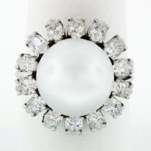 Vintage 18k White Gold 12.7mm South Sea Pearl 2.10 ctw Marquise Diamond Halo Rin