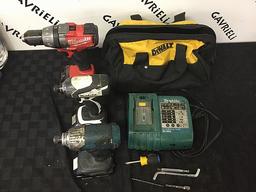 Drills, tool bag, battery charger