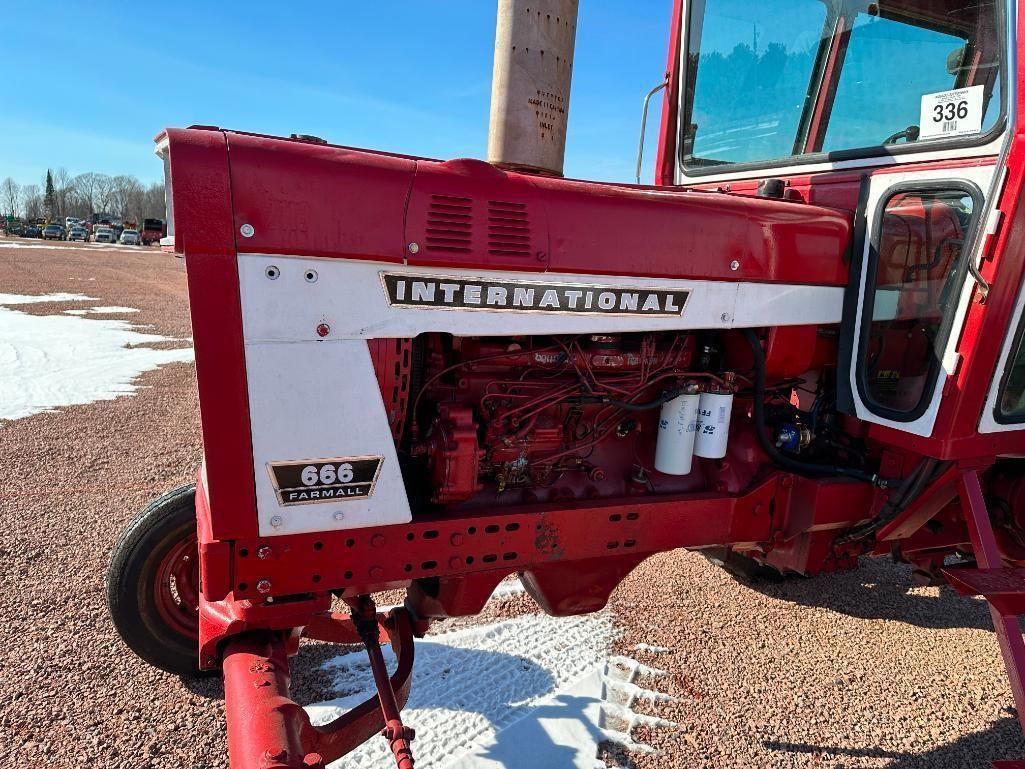 1976 IHC 666 tractor, cab w/ heat, 12.4x42 rear tires, TA trans, diesel engine, 2-hyds, 3pt, runs &