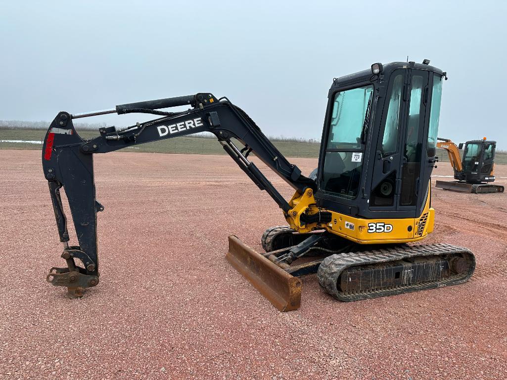 2013 John Deere 35D excavator, cab w/AC, 12" rubber tracks, front blade, quick coupler, 3rd valve,