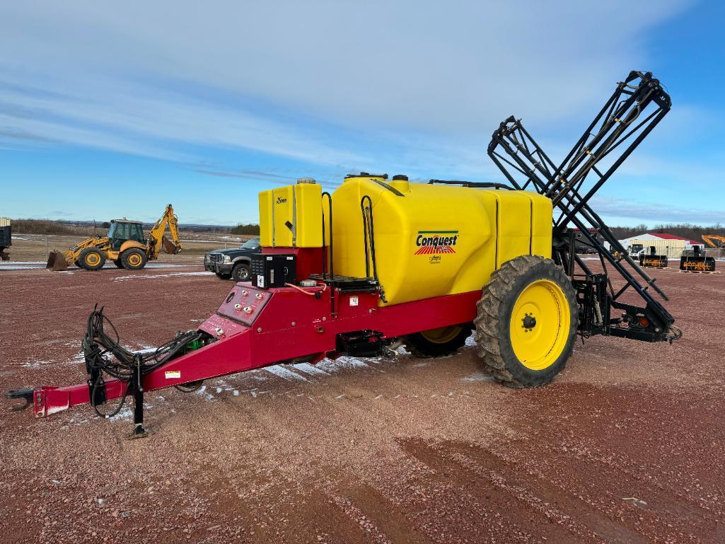 Demco Conquest 1000-gallon pull type sprayer, 60' booms, hyd fold, hyd height, 13.6-38 tires, hyd