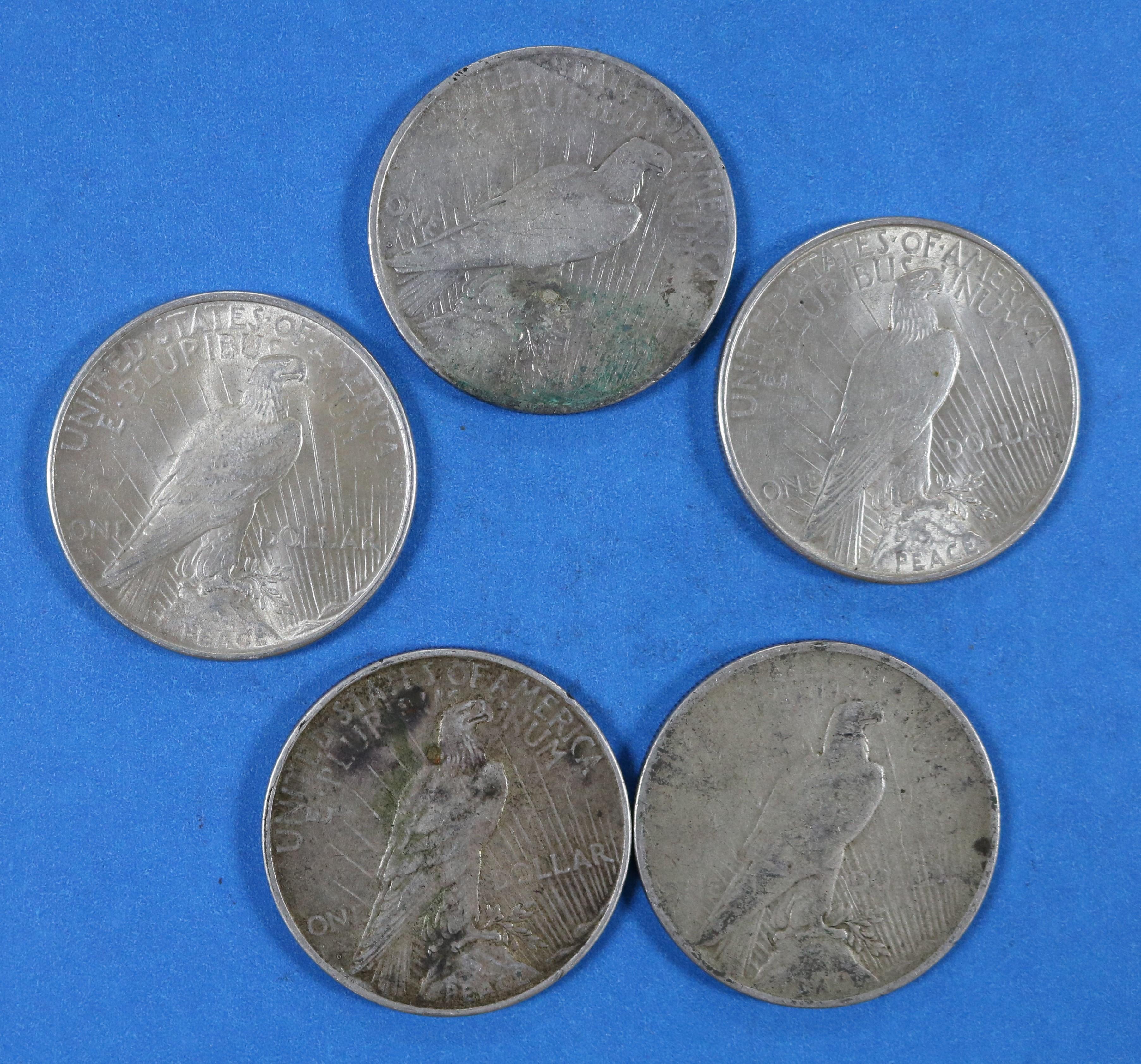 Lot of 5 Peace Silver Dollars 1922