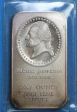 THOMAS JEFFERSON ONE OUNCE .999 FINE SILVER BAR BICENTENNIAL