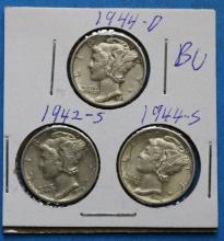 Lot of 3 Silver Mercury Dimes 1942-1944