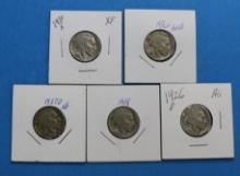 Indian Head 5C Buffalo Nickel Lot - 5 Coins total