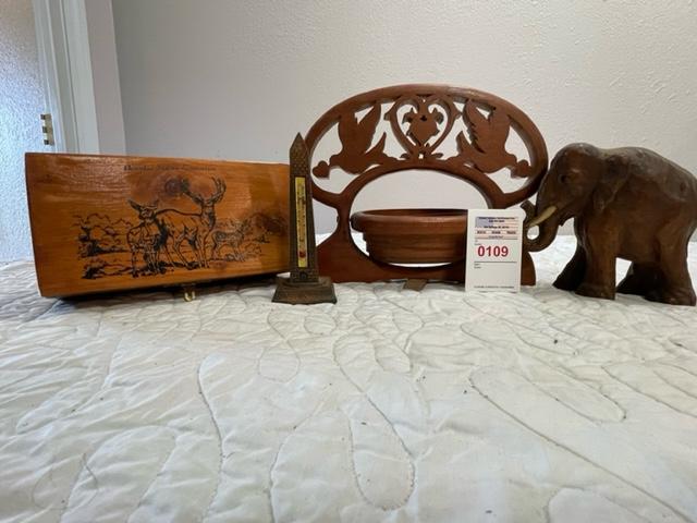 Wood elephant carving, wood box, thermometer