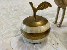 2 brass candle holders, brass horn and paper weights