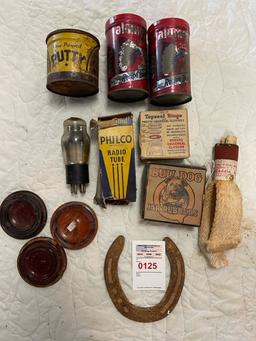 Misc lot - old tins, horse shoe, glass lids, old philco bulb