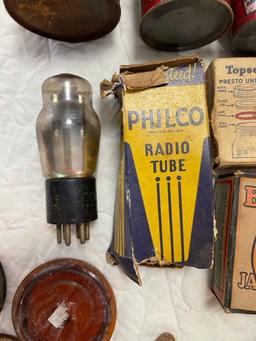 Misc lot - old tins, horse shoe, glass lids, old philco bulb