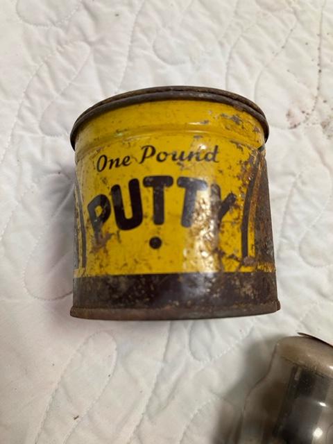 Misc lot - old tins, horse shoe, glass lids, old philco bulb