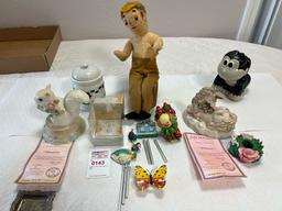 Misc lot sugar jar, unicorn statue, squirrel, toy flashlight