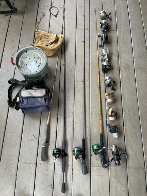 Fishing lot - fishing poles, reels, minnow bucket