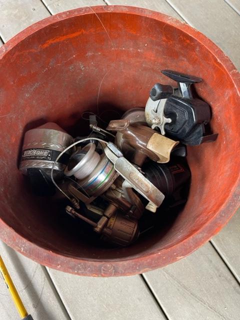 Fishing lot - fishing poles, reels, minnow bucket