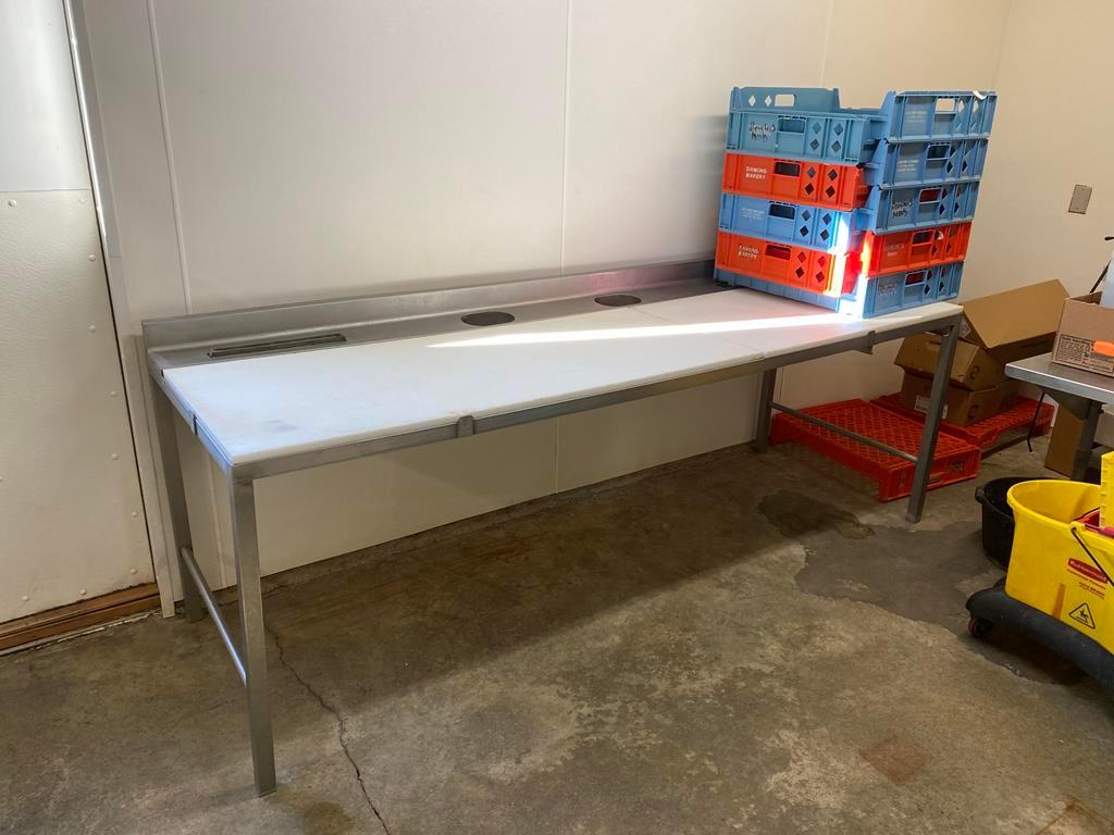 POLY TOP CUTTING TABLE, 8'L X 31.5"D X 32"H, 3" BACKSPLASH, STAINLESS STEEL FRAME, WASTE HOLES