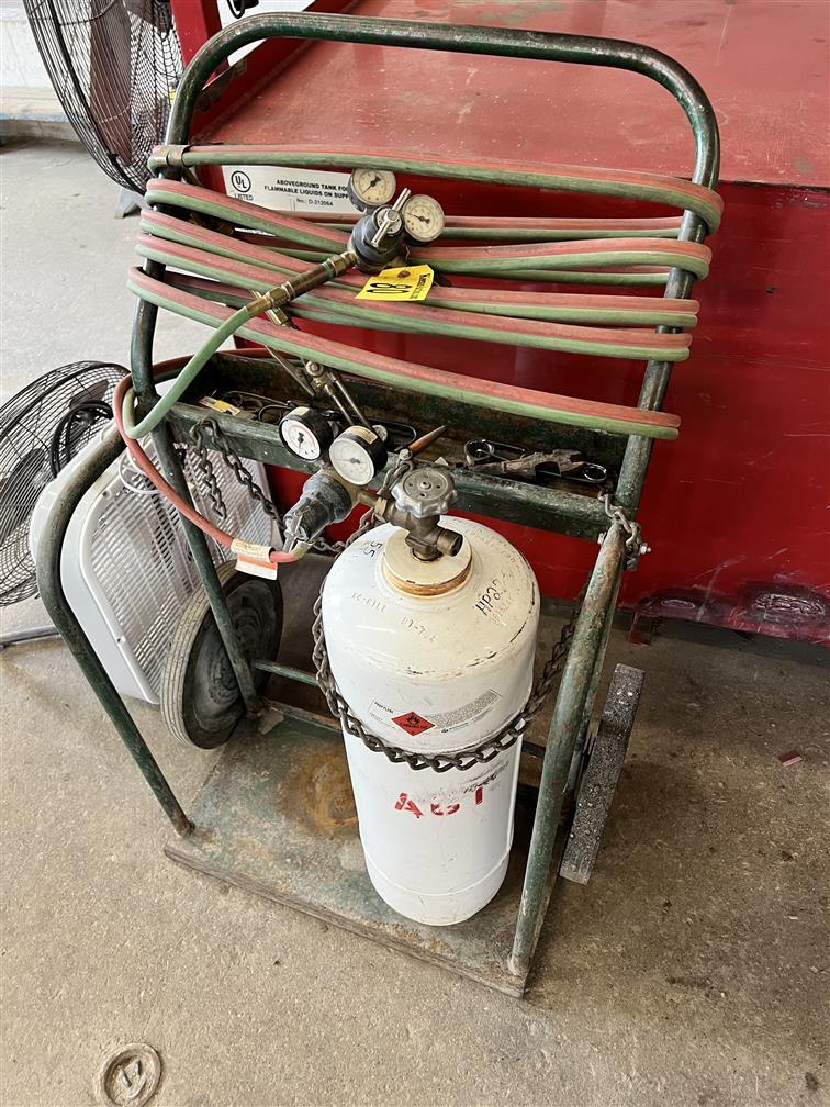 LOT: ACETYLENE CART, HOSE, GAUGE, TORCH, TANK & ACCESSORIES