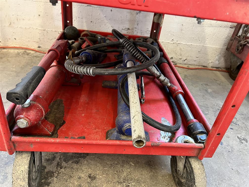 LOT OF HYDRAULIC FRAME REPAIR TOOLS W/ CART