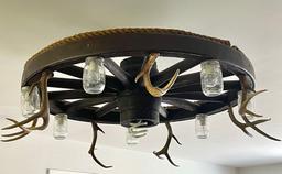 Hand-Made Wagon Wheel Chandelier with Seven Ball Jar Globes