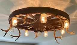 Hand-Made Wagon Wheel Chandelier with Seven Ball Jar Globes