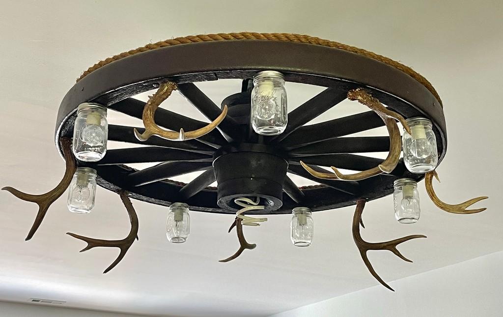 Hand-Made Wagon Wheel Chandelier with Seven Ball Jar Globes