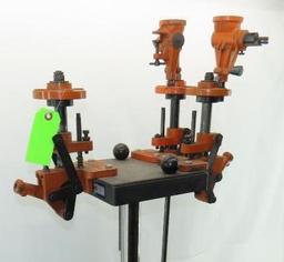 (3) Lyman Reloading Presses on a Pedestal Mount