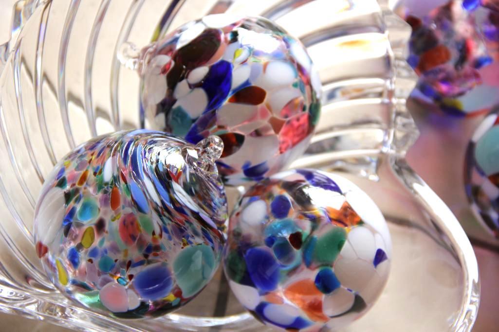 Five Blown Glass Orbs in Heart-Shaped Crystal Bowl