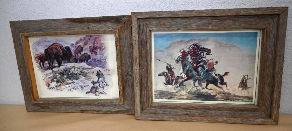 Two C.M. Russel Prints with Barn Wood Frames