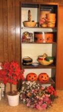 Shelf and Contents Including Old Tins, Stetson Hat Box, and Foster Glass Jar