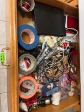 drawer of tape, tacks, pens and miscellaneous
