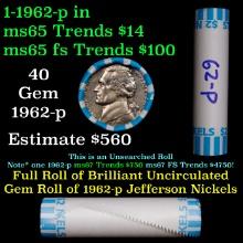 BU Shotgun Jefferson 5c roll, 1962-p 40 pcs Bank $2 Nickel Wrapper