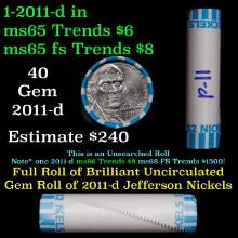 BU Shotgun Jefferson 5c roll, 2011-d 40 pcs Bank $2 Nickel Wrapper
