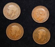 Group of 4 Coins, Great Britain Pennies, 1913, 1915, 1917, 1919 .