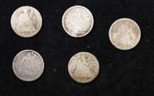 Lot Of Five Coins. 1837, 1841, 1853, 1877, 1885 Seated Liberty Dime 10c