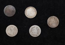Lot Of Five Coins. 1853, 1887, 1891, 1882, 1858 Seated Liberty Dime 10c