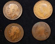 Group of 4 Coins, Great Britain Pennies, 1866, 1917, 1919, 1945 .