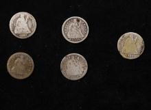 Lot Of Five Coins. 1888, 2x1854, 1883, 1853 Seated Liberty Dime 10c
