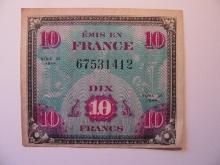 Foreign Currency: 1944 (WWII) France 10 Francs Military currency