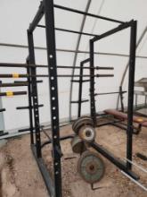 Commercial Gym Squat Rack, (2) Weightlifting Barbells, (2) Weight Racks, Group of Weights