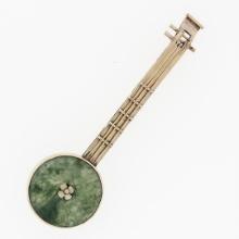 Antique 14k Yellow Gold 16.3mm Round Circle Marbled Green Jade Banjo Pin Brooch